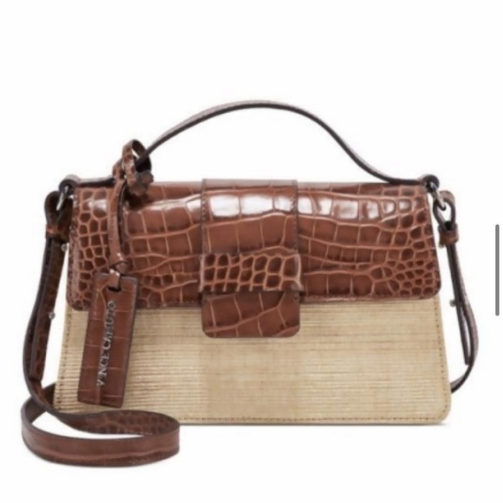 NWT Vince Camuto Kali Mixed Leather + Canvas Structured Crossbody Top Handle Bag